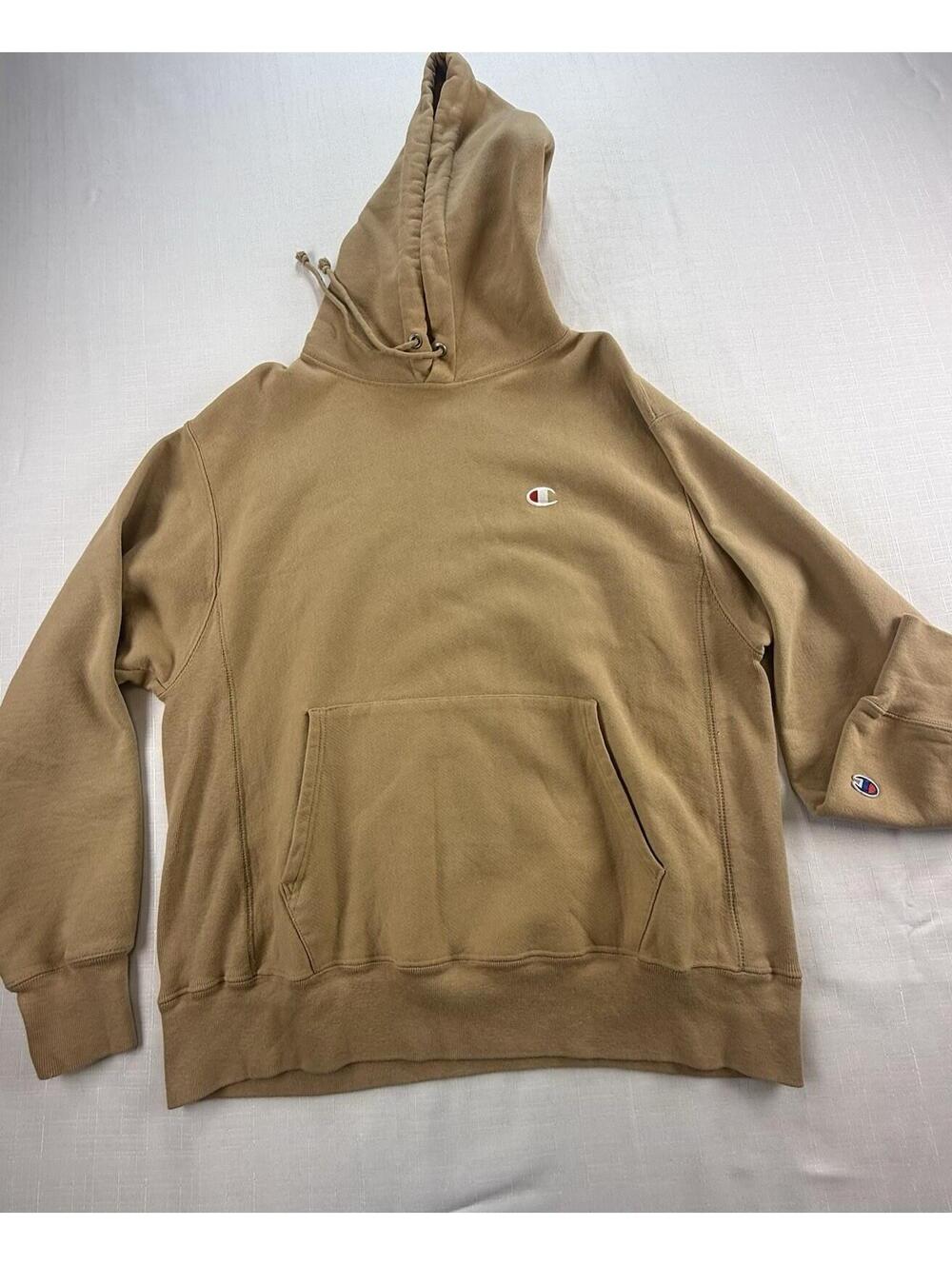 Champion Reverse Weave Hoodie Men’s Large Tan Camel Center Logo Pullover
